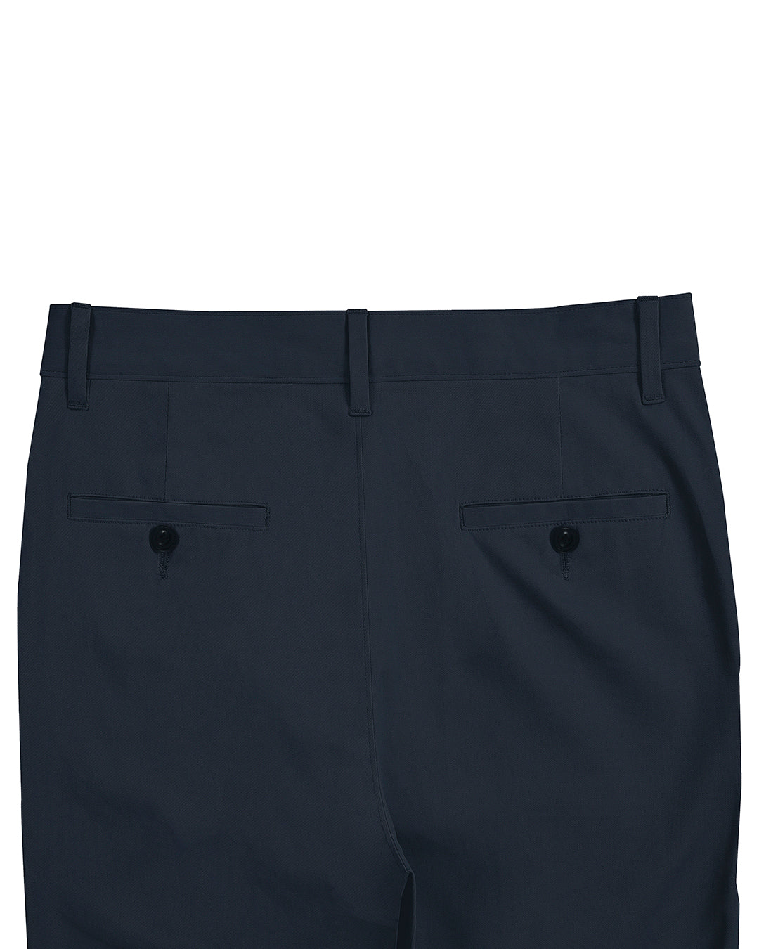 Back view of custom Genoa Chino pants for men by Luxire in dark teal blue