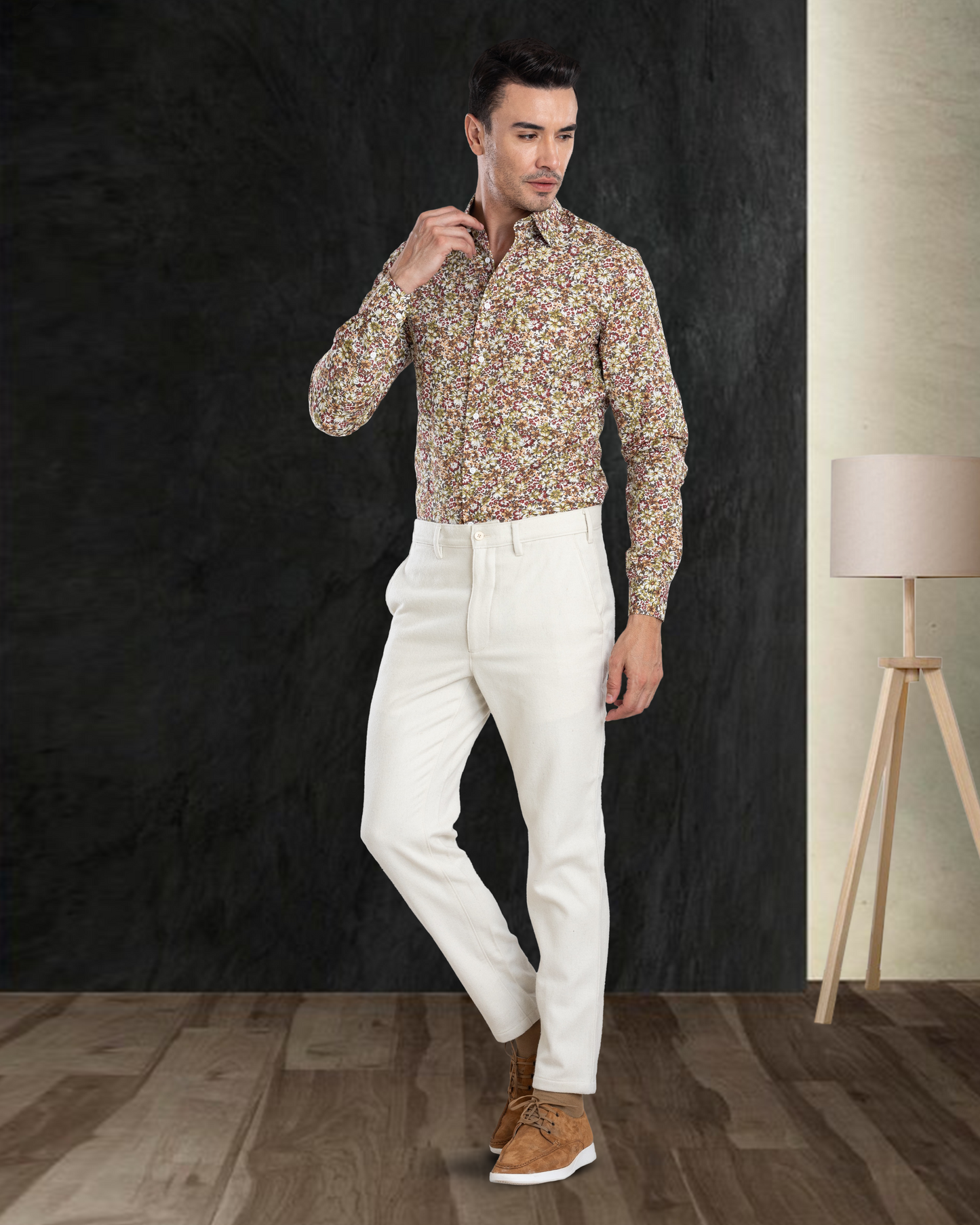 Front view of model wearing custom wool Chino pants for men by Luxire in cream