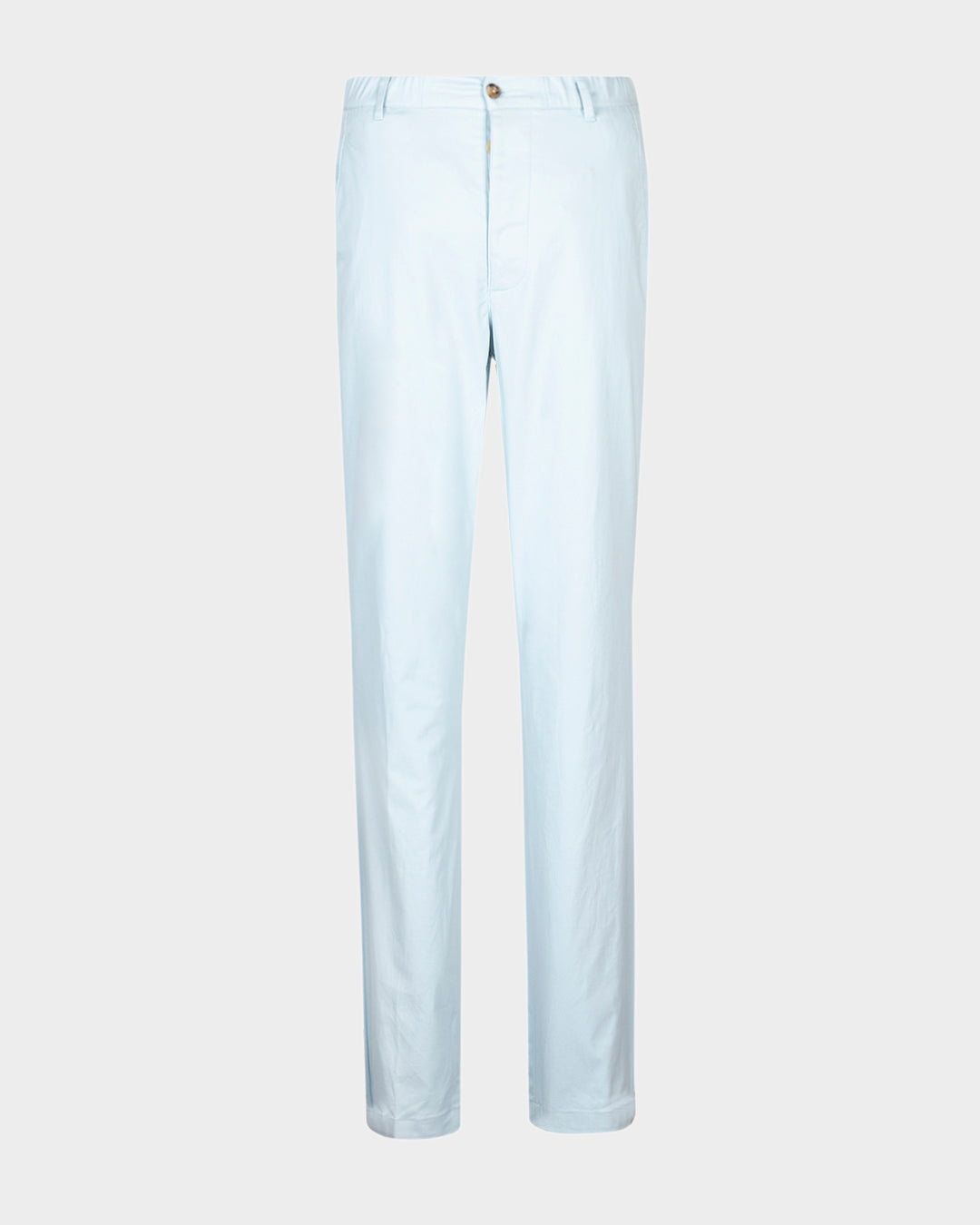 Front view of custom Genoa Chino pants for men by Luxire in powder blue