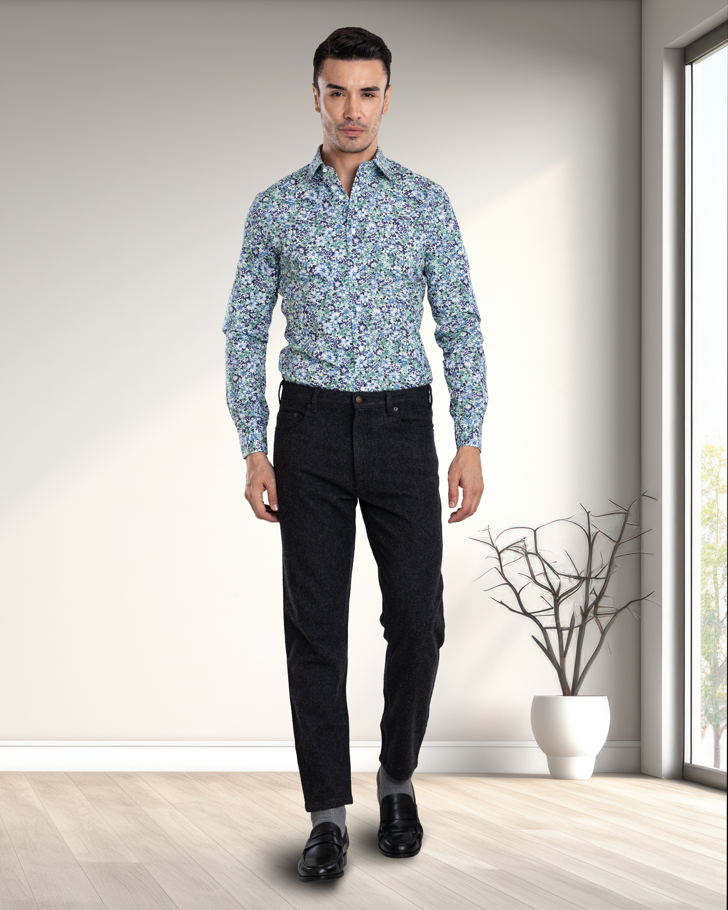 Model wearing mens wool jeans by Luxire in charcoal grey