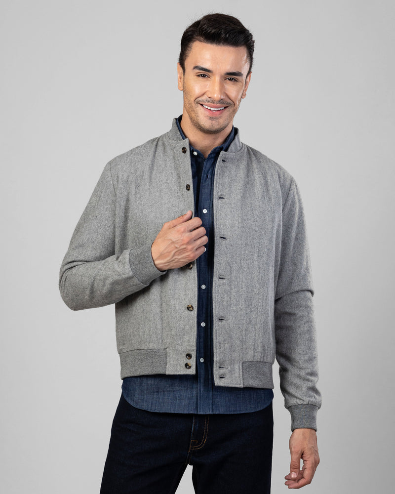 Model wearing the wool flannel shirt jacket for men by Luxire in grey