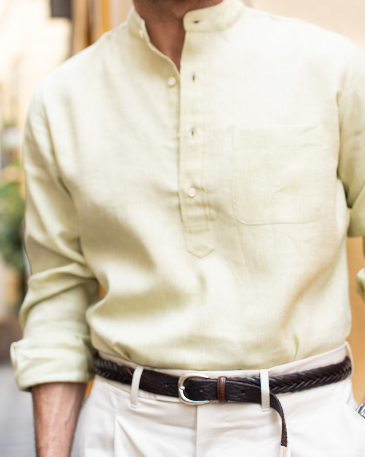 Light Olive Green Slub Linen Summer Shirt - 1