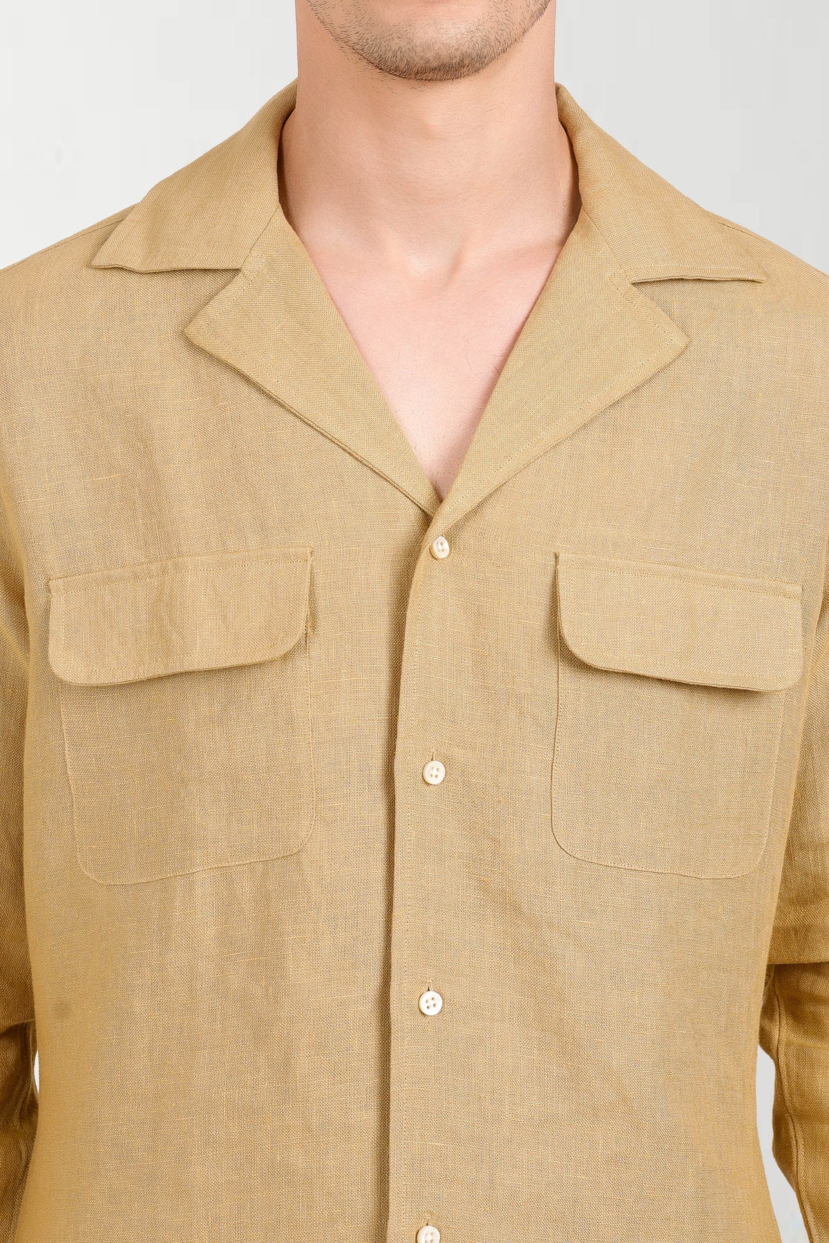 Camp Collar Shirt in Goldish Yellow Linen - 4