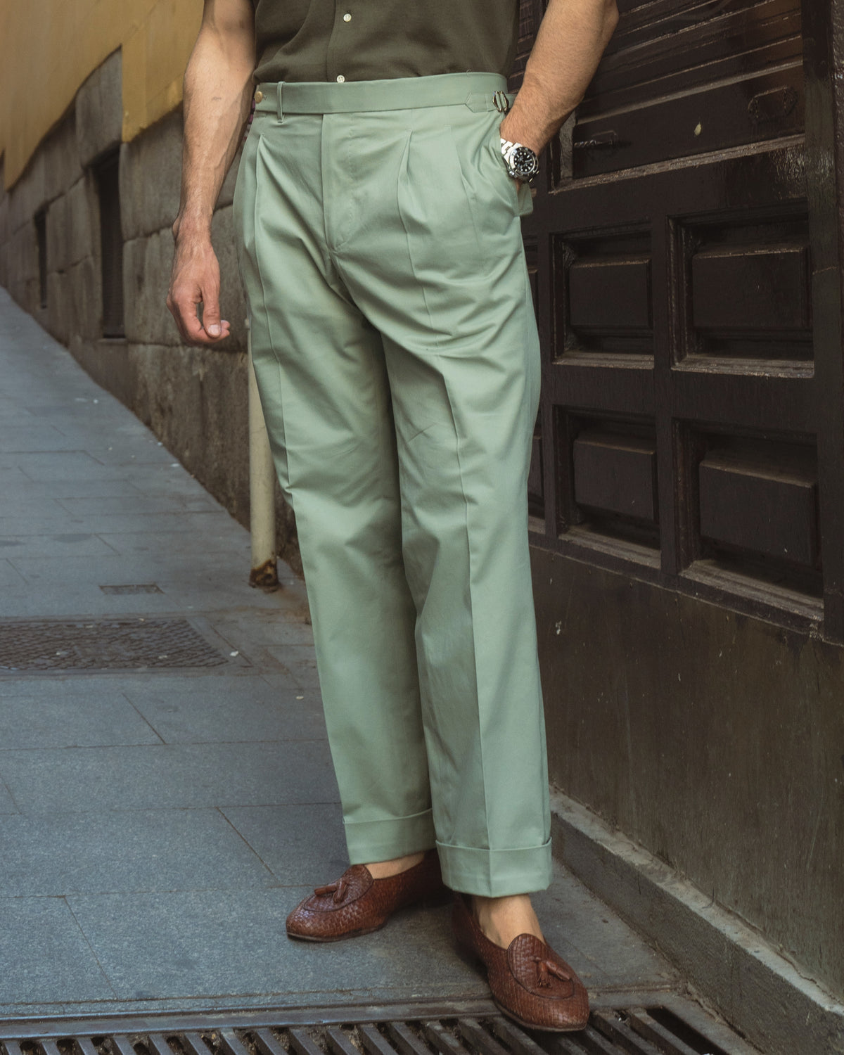 Pleated Pistachio Green Cotton Twill Pant - 1