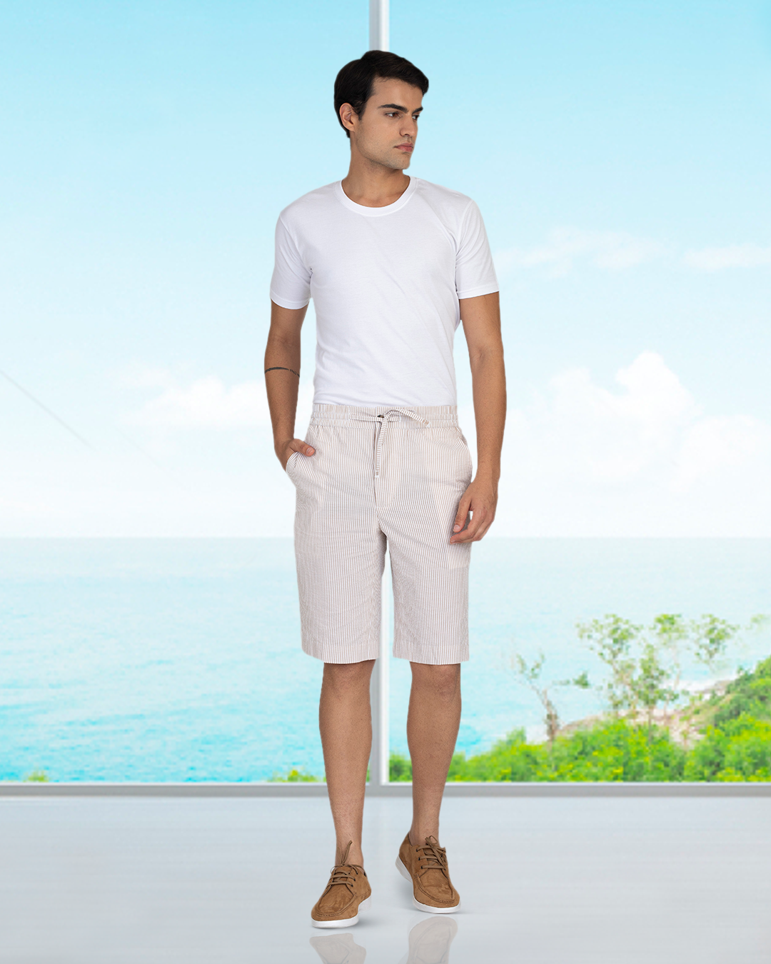 Light Beige & White Seersucker Stripes Shorts - 2