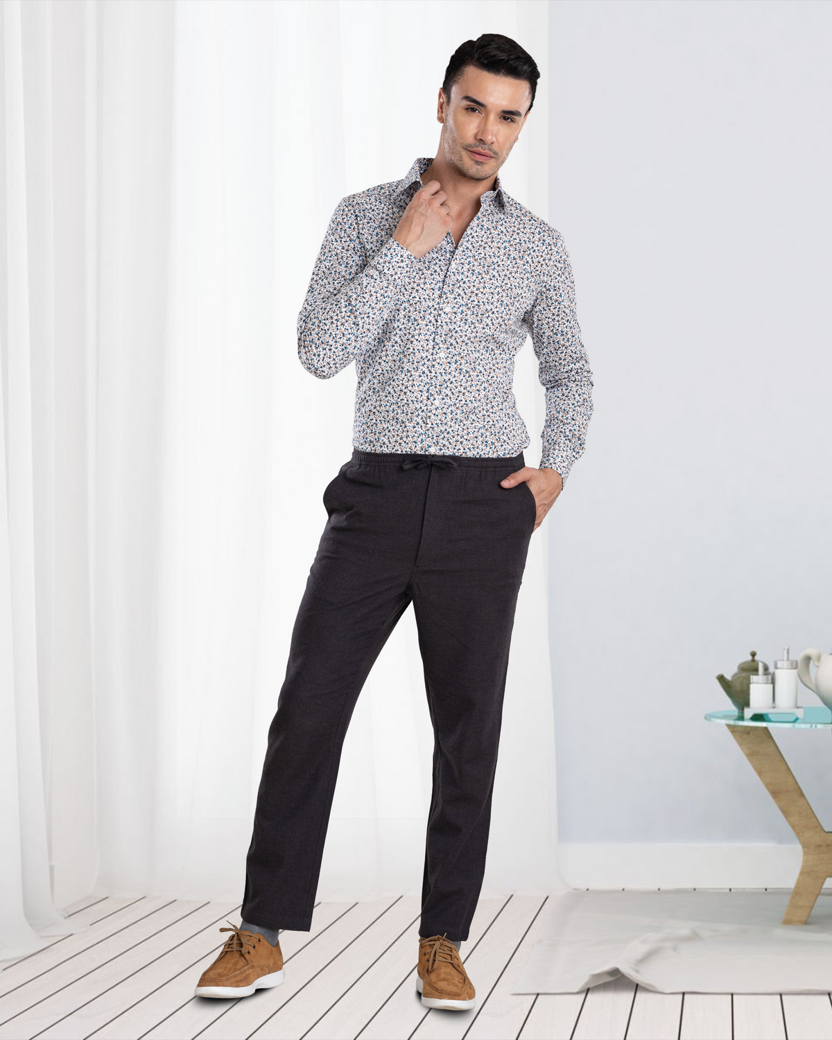 Blue Fine Floral Prints on White Shirt - 5