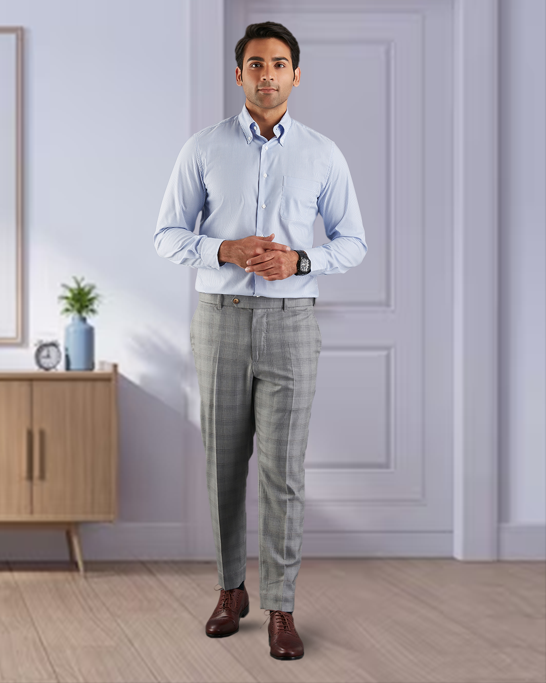 Drago: Super 160s Light Grey Prince of Wales Checks Dress Pant - 3