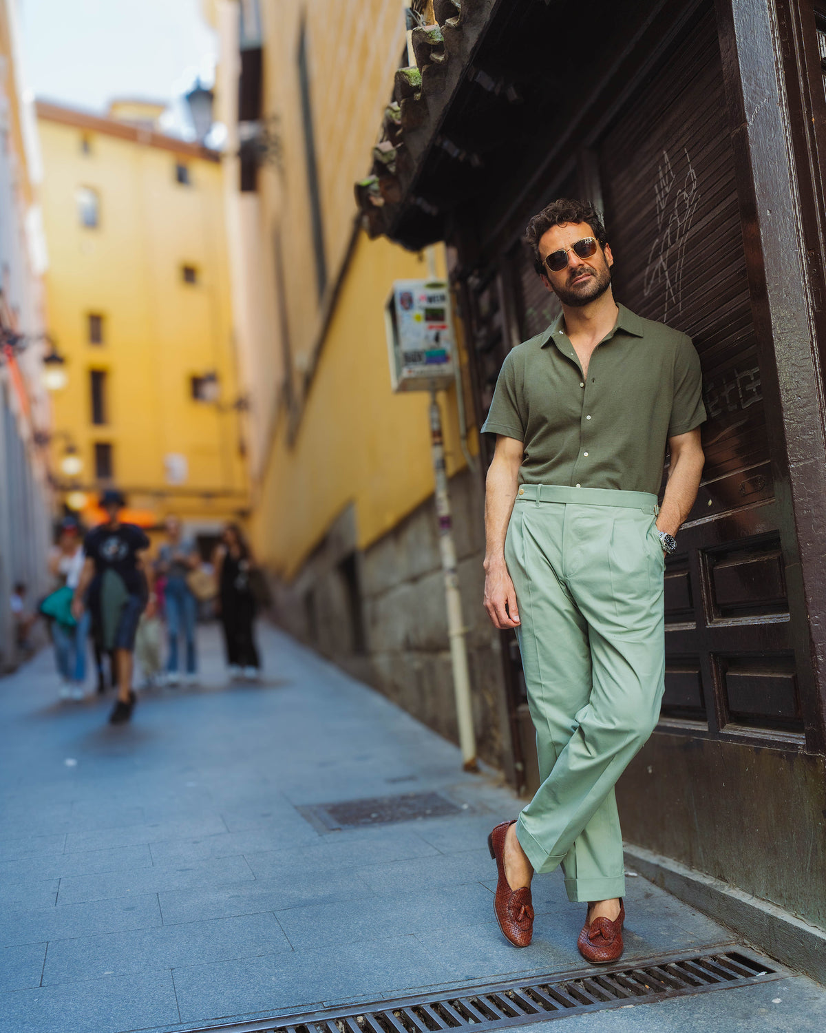 Pleated Pistachio Green Cotton Twill Pant - 4