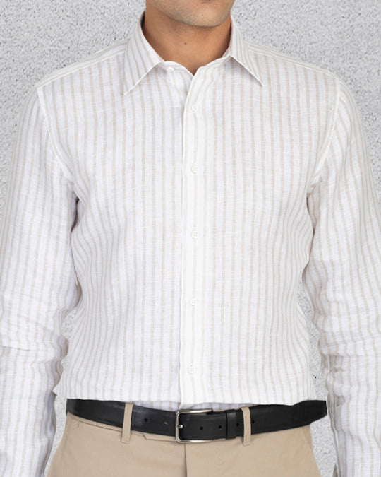 Ecru White Wide Stripes Linen Shirt - 1