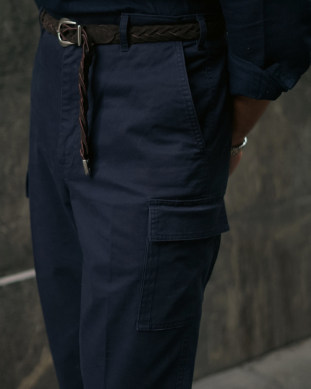 Navy Cotton Twill High Rise Cargo Pant - 4