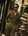 Summer Olive Linen Shirt with one piece collar placket