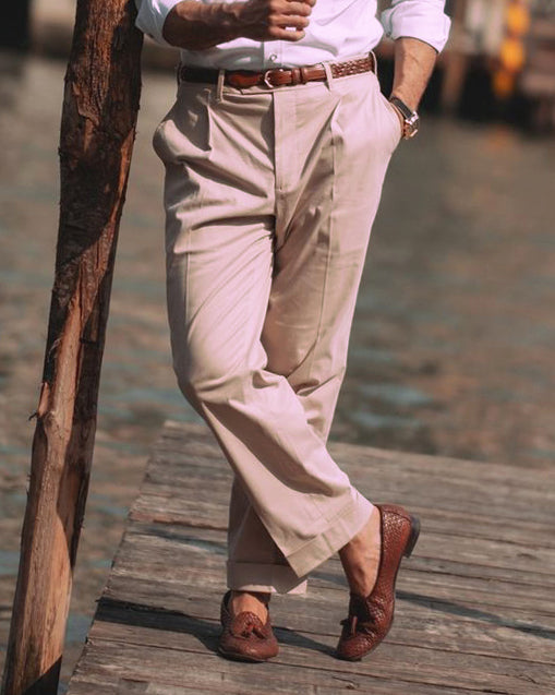 Pleated Beige Cotton Twill Pant - 1