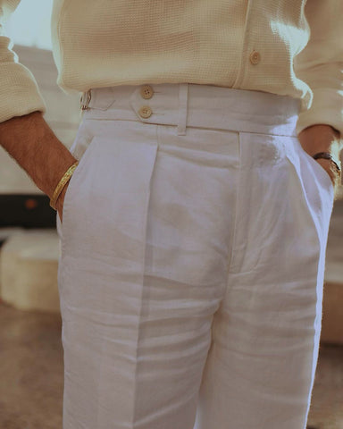 Pleated White Linen Herringbone Pant
