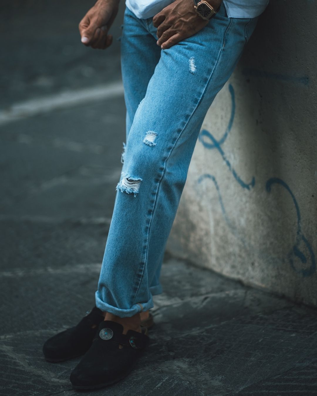 Fade Washed Light Blue Distressed Jeans - 1