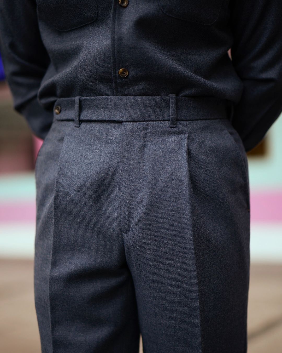 Pleated Dugdale Navy Blue Wool Flannel High Rise Dress Pant - 1