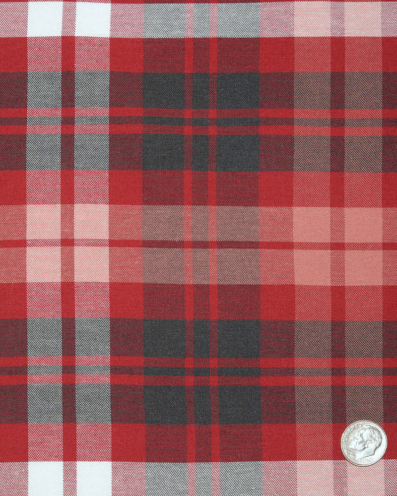 Close up view of custom check shirts for men by Luxire red and grey