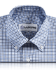 Front view of custom check shirts for men by Luxire in navy sky tattersall