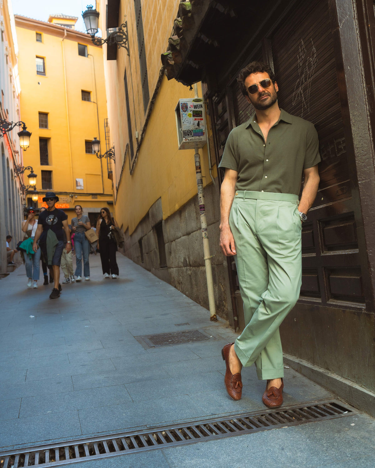 Olive Green Linen Cotton Camp Collar T-Shirt - 7