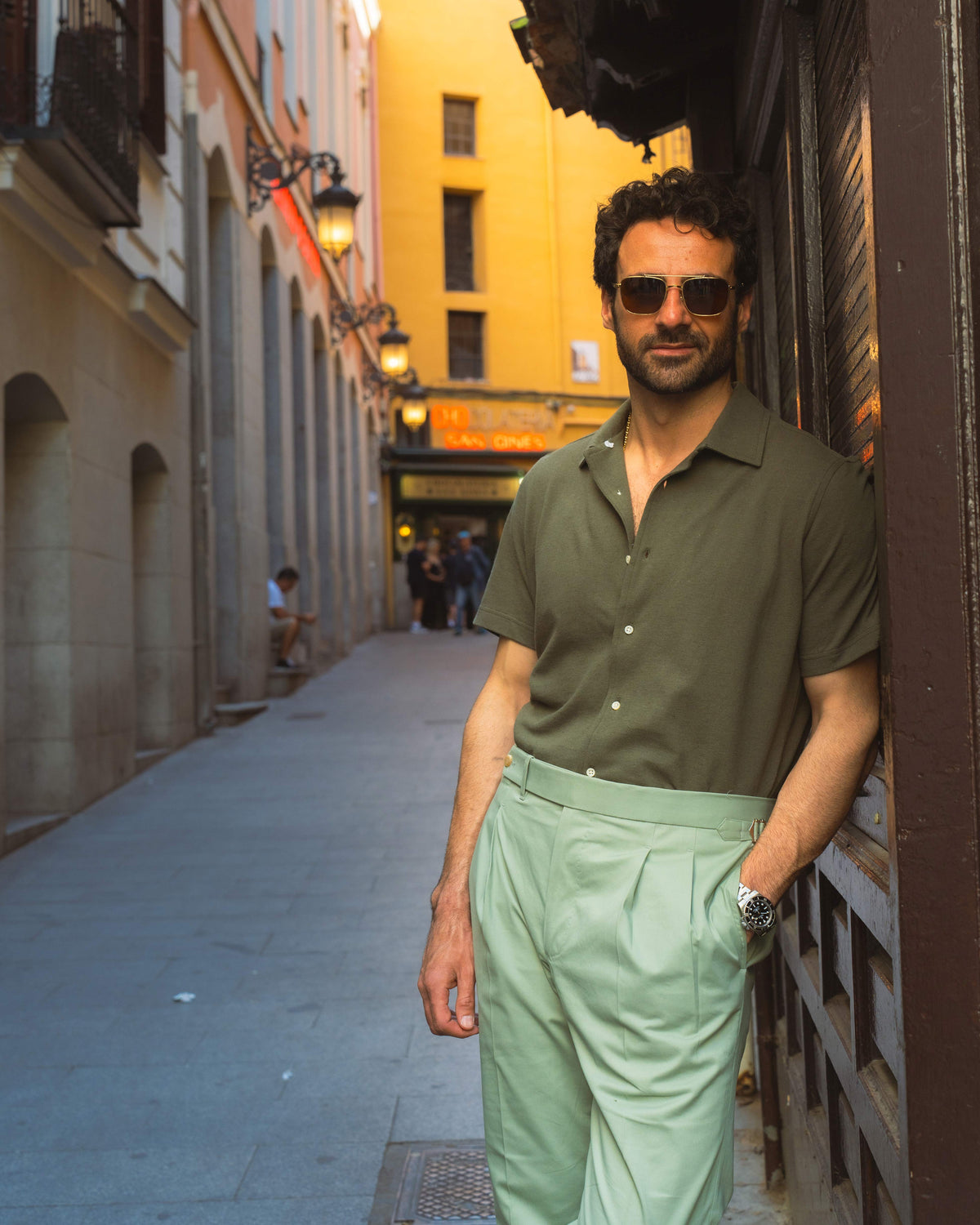 Olive Green Linen Cotton Camp Collar T-Shirt - 2