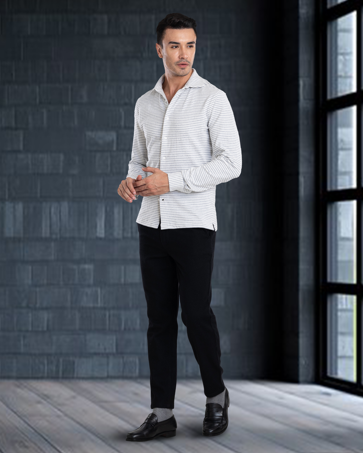 Grey White Candy Stripes Polo Shirt - 5