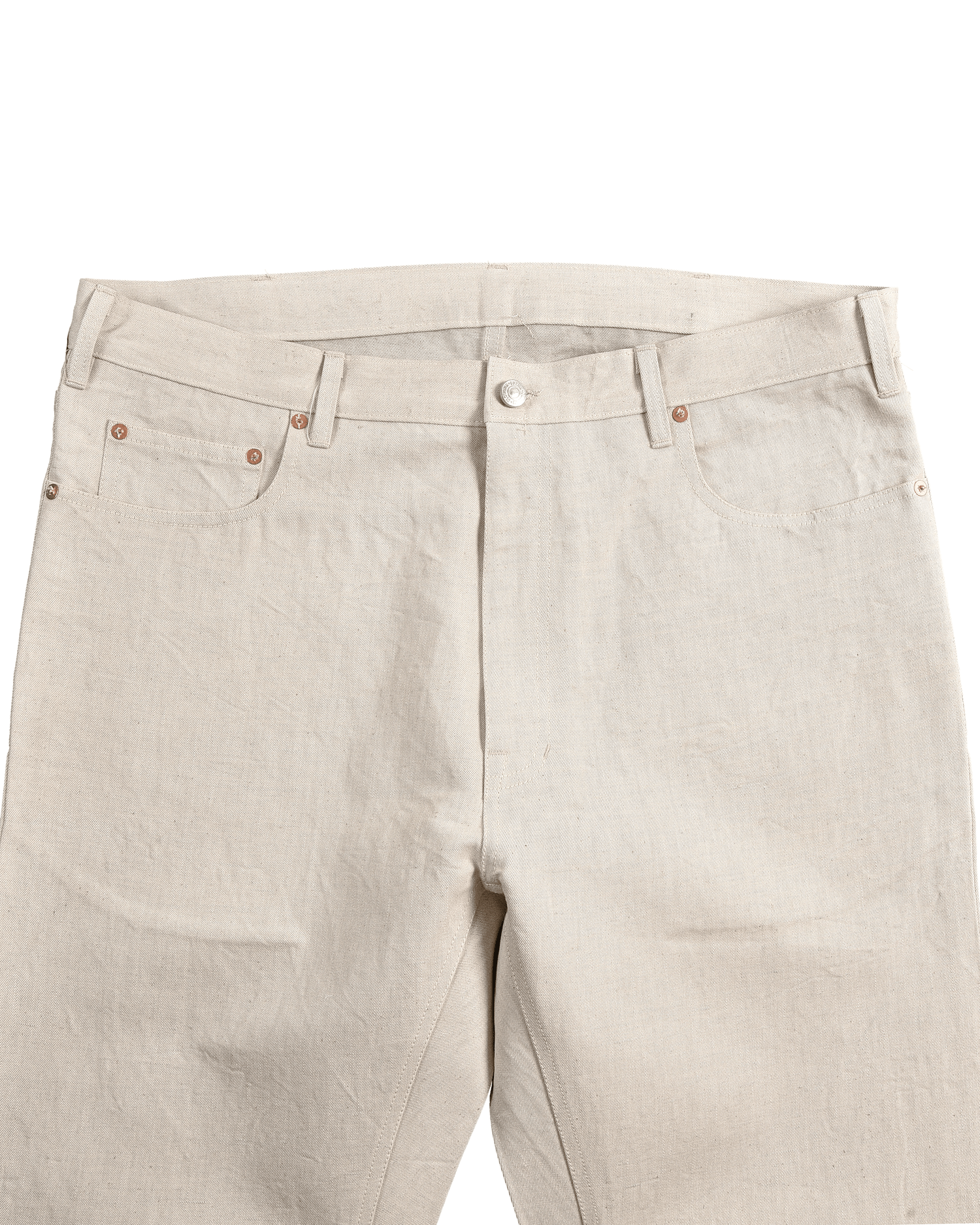 Front view of denim jeans for men by Luxire in ivory