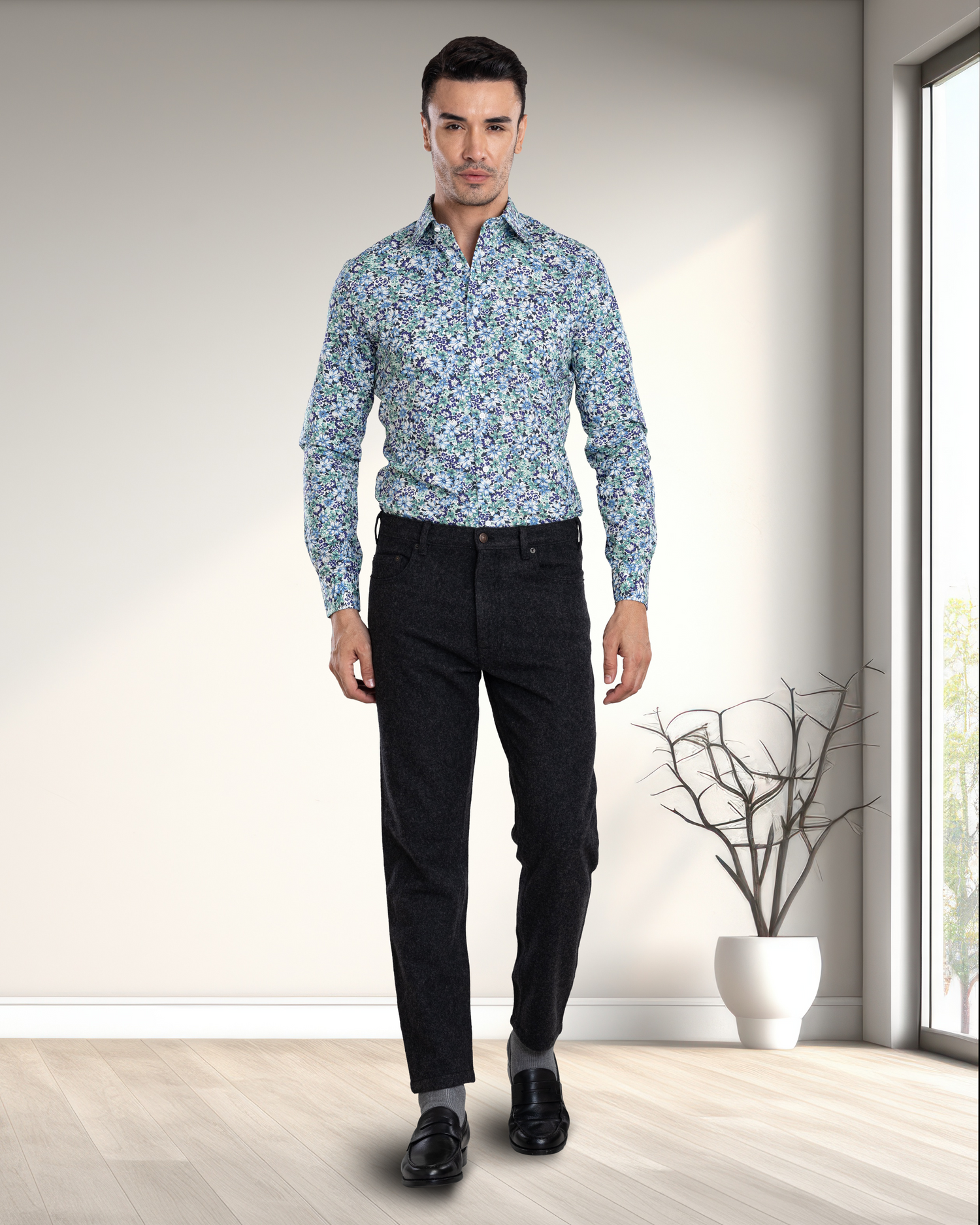 Model wearing mens wool jeans by Luxire in charcoal grey