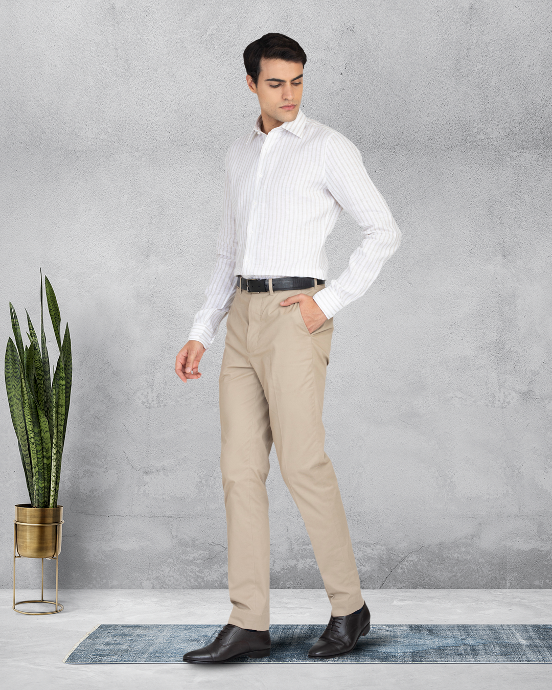 Ecru White Wide Stripes Linen Shirt - 5