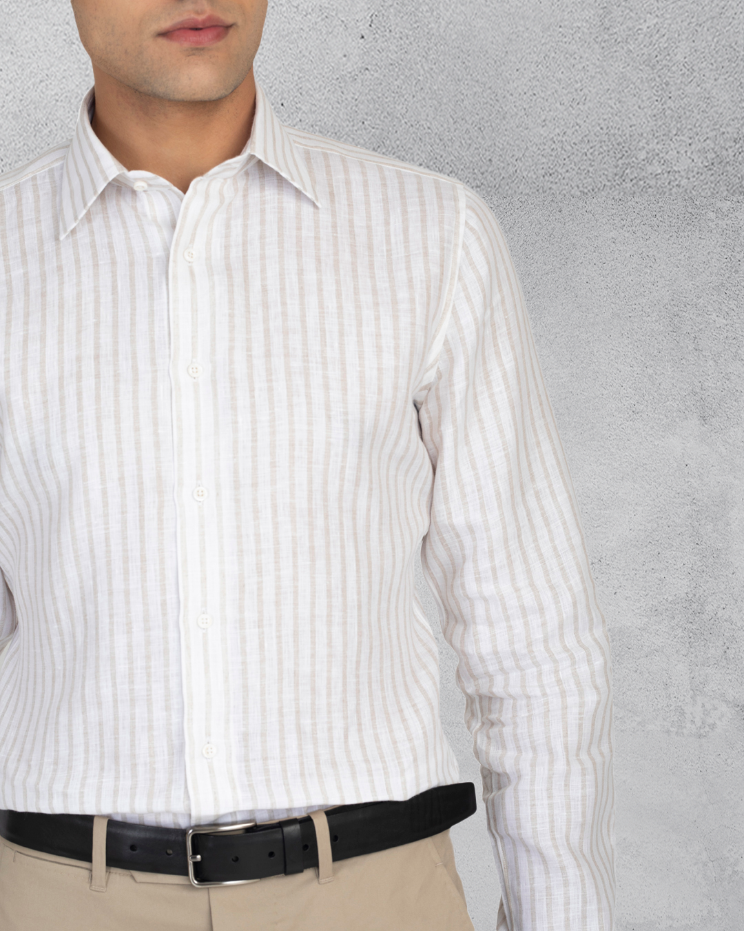 Ecru White Wide Stripes Linen Shirt - 6