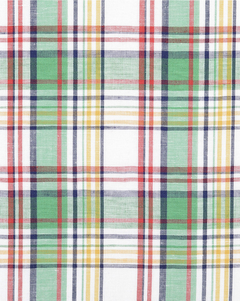 Close up of the custom linen shirt for men in multi-coloured checks by Luxire Clothing