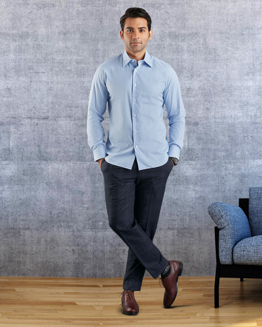 Sky Blue Gingham Shirt - 5