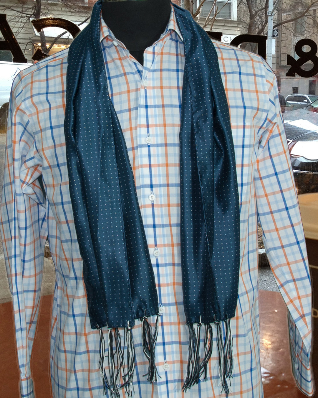 Wool Silk Scarf - Navy Polka - 1