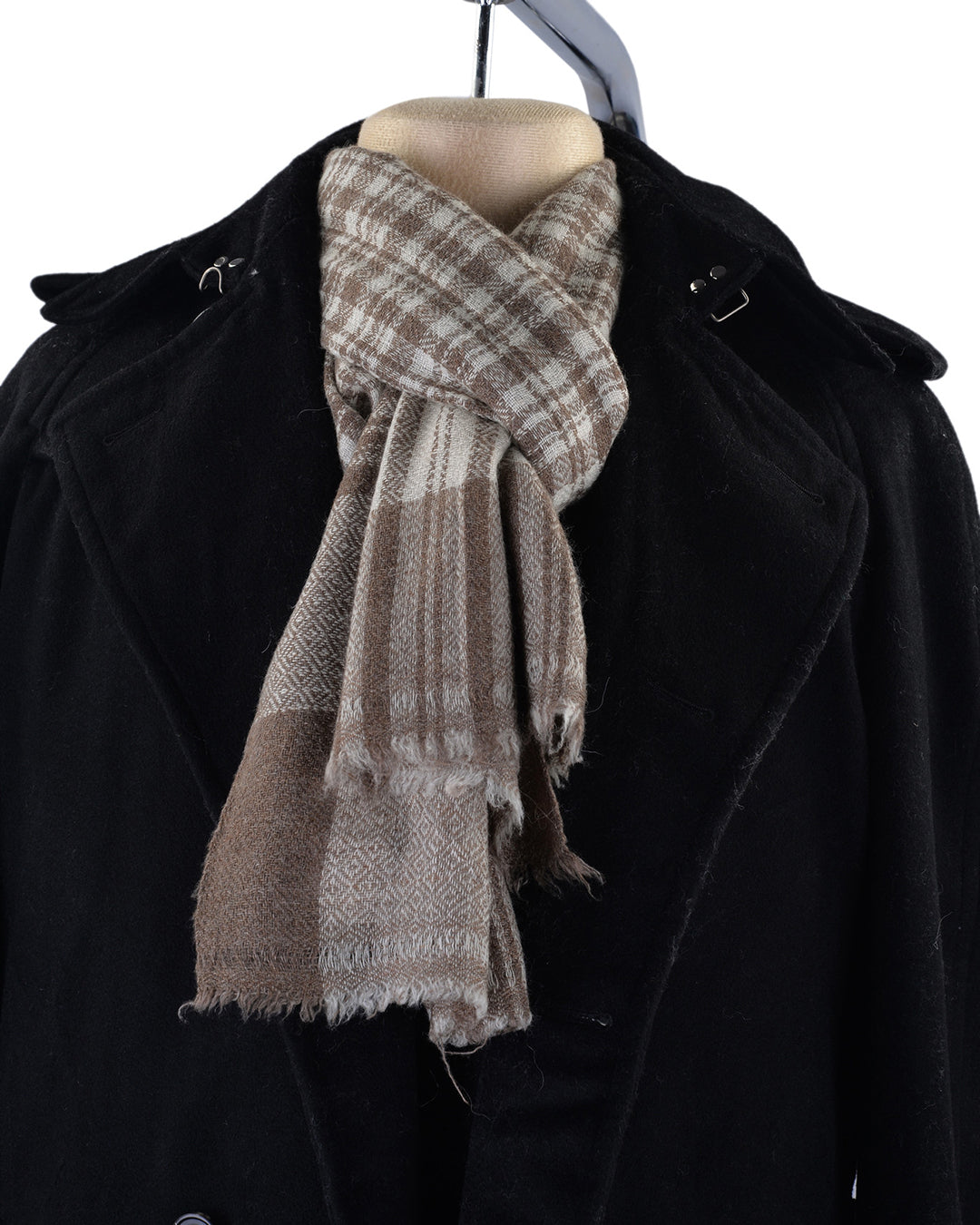 Cashmere Wool Scarf Brown Off-White Checks With Self Design - 1